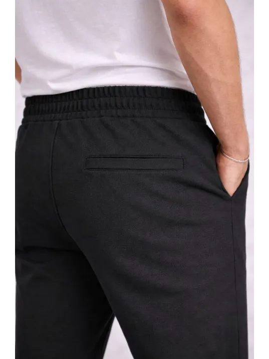 Erkek Diagonel Mikro Dokulu Duble Paça Cepli Pantolon Bağcıklı Bel, Modern Kesim - Siyah