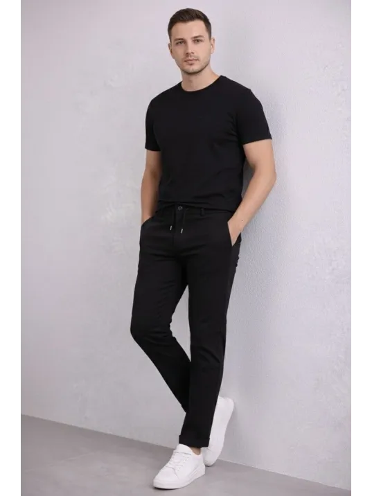 Erkek Diagonel Mikro Dokulu Duble Paça Cepli Pantolon Bağcıklı Bel, Modern Kesim - Siyah