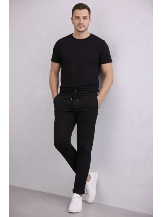 Erkek Diagonel Mikro Dokulu Duble Paça Cepli Pantolon Bağcıklı Bel, Modern Kesim - Siyah