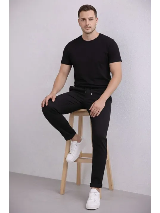 Erkek Diagonel Mikro Dokulu Duble Paça Cepli Pantolon Bağcıklı Bel, Modern Kesim - Siyah