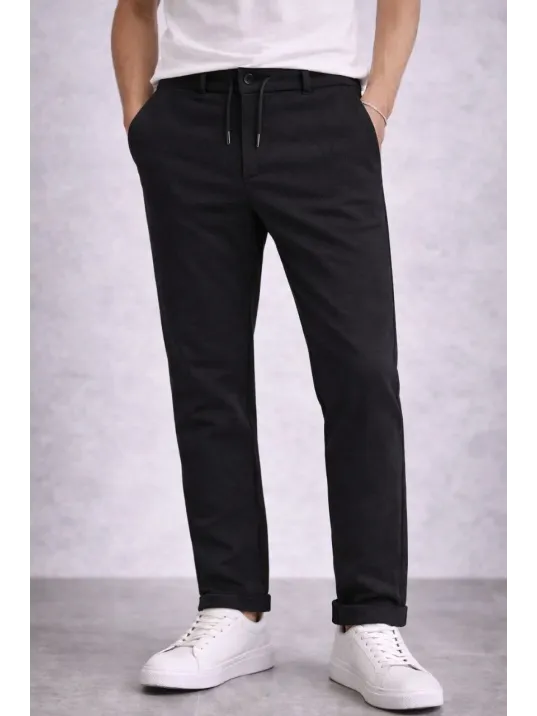 Erkek Diagonel Mikro Dokulu Duble Paça Cepli Pantolon Bağcıklı Bel, Modern Kesim - Siyah