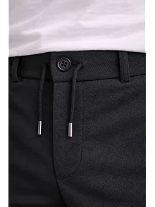 Erkek Diagonel Mikro Dokulu Duble Paça Cepli Pantolon Bağcıklı Bel, Modern Kesim - Siyah