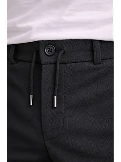 Erkek Diagonel Mikro Dokulu Duble Paça Cepli Pantolon Bağcıklı Bel, Modern Kesim - Siyah