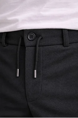 Erkek Diagonel Mikro Dokulu Duble Paça Cepli Pantolon Bağcıklı Bel, Modern Kesim - Siyah