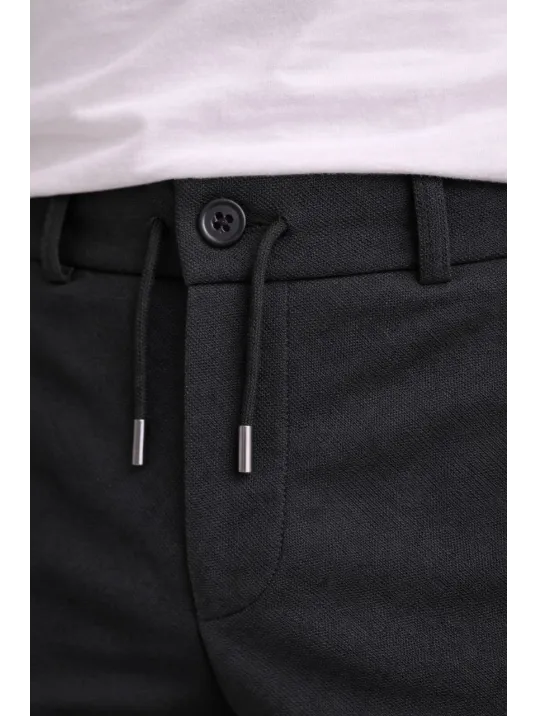 Erkek Diagonel Mikro Dokulu Duble Paça Cepli Pantolon Bağcıklı Bel, Modern Kesim - Siyah