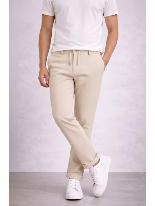 Erkek Diagonel Mikro Dokulu Duble Paça Cepli Pantolon Bağcıklı Bel, Modern Kesim - Krem
