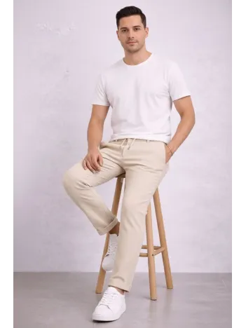 Erkek Diagonel Mikro Dokulu Duble Paça Cepli Pantolon Bağcıklı Bel, Modern Kesim - Krem