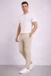 Erkek Diagonel Mikro Dokulu Duble Paça Cepli Pantolon Bağcıklı Bel, Modern Kesim - Krem