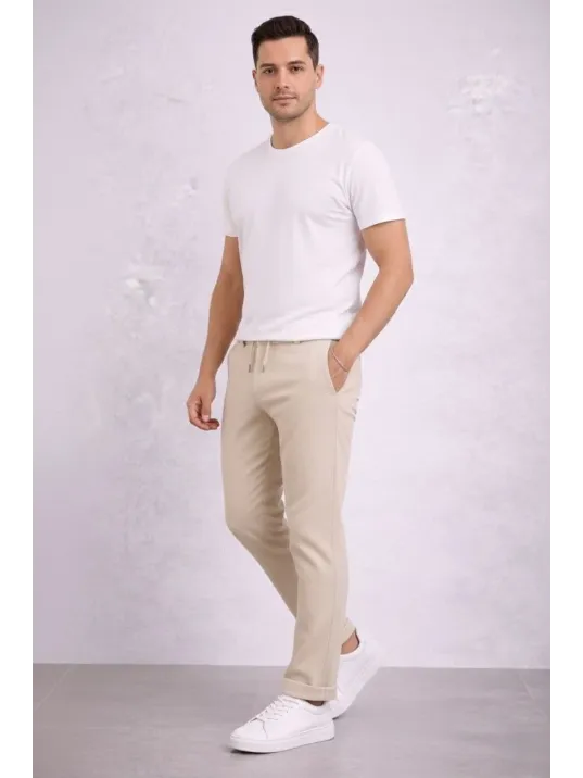Erkek Diagonel Mikro Dokulu Duble Paça Cepli Pantolon Bağcıklı Bel, Modern Kesim - Krem