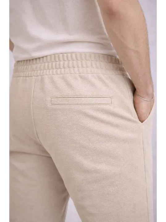 Erkek Diagonel Mikro Dokulu Duble Paça Cepli Pantolon Bağcıklı Bel, Modern Kesim - Krem