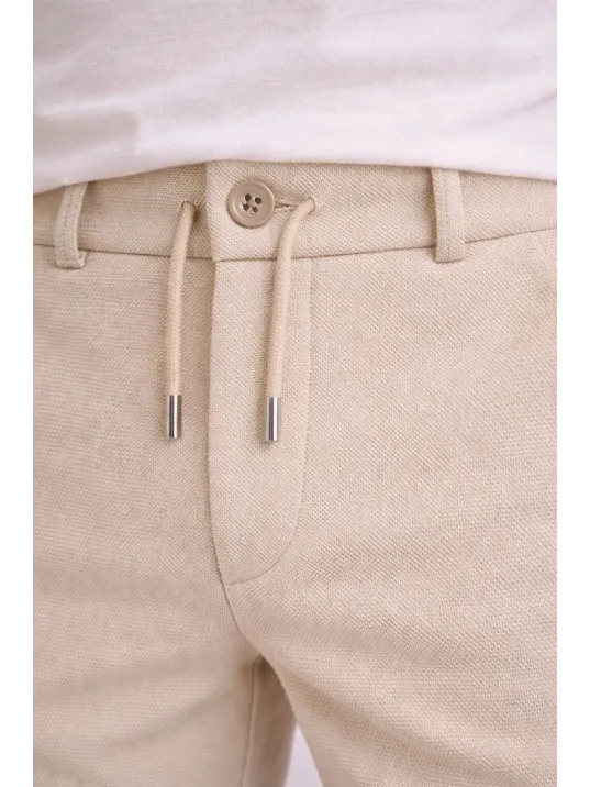 Erkek Diagonel Mikro Dokulu Duble Paça Cepli Pantolon Bağcıklı Bel, Modern Kesim - Krem