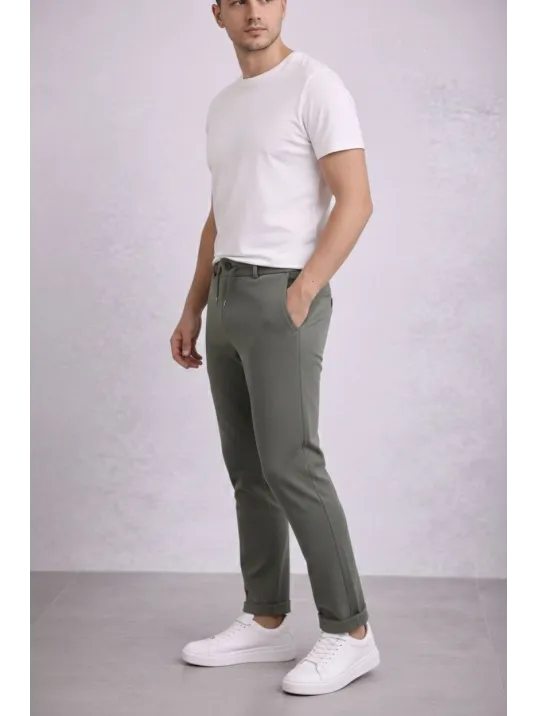 Erkek Diagonel Mikro Dokulu Duble Paça Cepli Pantolon Bağcıklı Bel, Modern Kesim - Haki Erkek Diagonel Mikro Dokulu Duble Paça Cepli Pantolon Bağcıklı Bel, Modern Kesim - Haki
