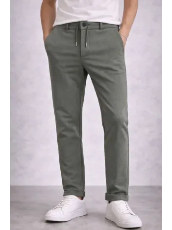 Erkek Diagonel Mikro Dokulu Duble Paça Cepli Pantolon Bağcıklı Bel, Modern Kesim - Haki