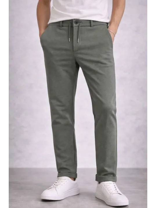 Erkek Diagonel Mikro Dokulu Duble Paça Cepli Pantolon Bağcıklı Bel, Modern Kesim - Haki Erkek Diagonel Mikro Dokulu Duble Paça Cepli Pantolon Bağcıklı Bel, Modern Kesim - Haki