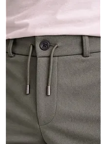 Erkek Diagonel Mikro Dokulu Duble Paça Cepli Pantolon Bağcıklı Bel, Modern Kesim - Haki