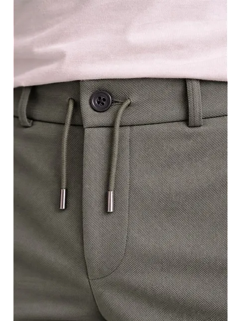 Erkek Diagonel Mikro Dokulu Duble Paça Cepli Pantolon Bağcıklı Bel, Modern Kesim - Haki