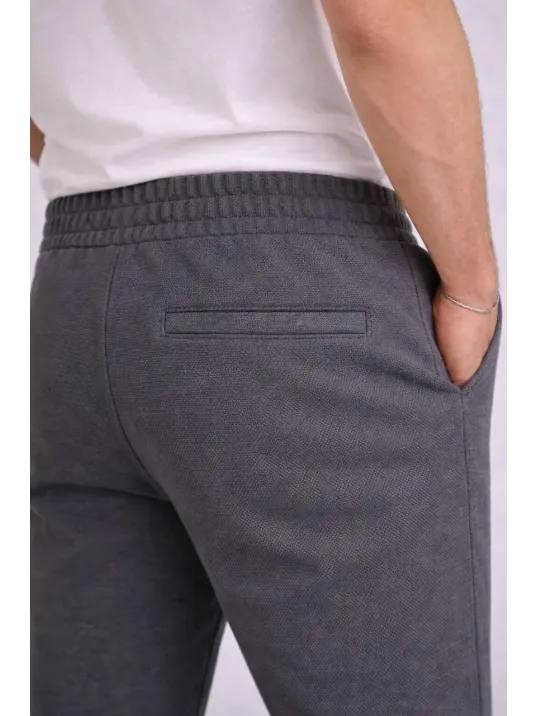 Erkek Diagonel Mikro Dokulu Duble Paça Cepli Pantolon Bağcıklı Bel, Modern Kesim - Füme