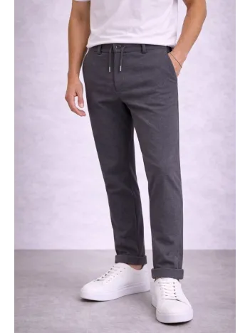 Erkek Diagonel Mikro Dokulu Duble Paça Cepli Pantolon Bağcıklı Bel, Modern Kesim - Füme