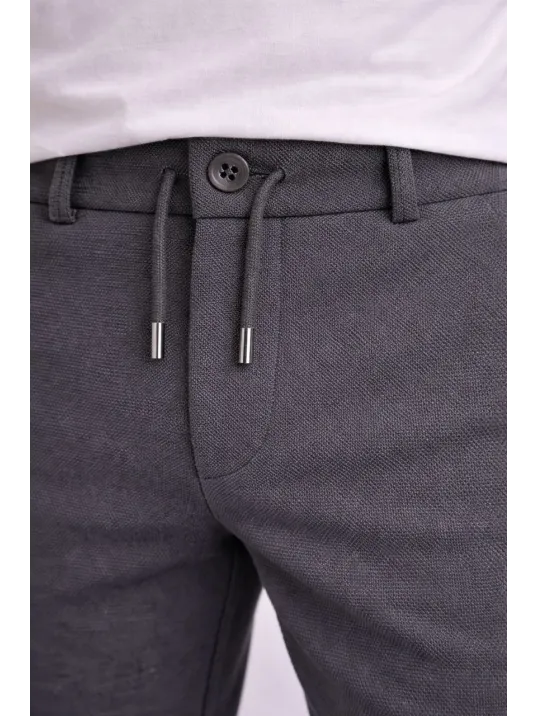 Erkek Diagonel Mikro Dokulu Duble Paça Cepli Pantolon Bağcıklı Bel, Modern Kesim - Füme