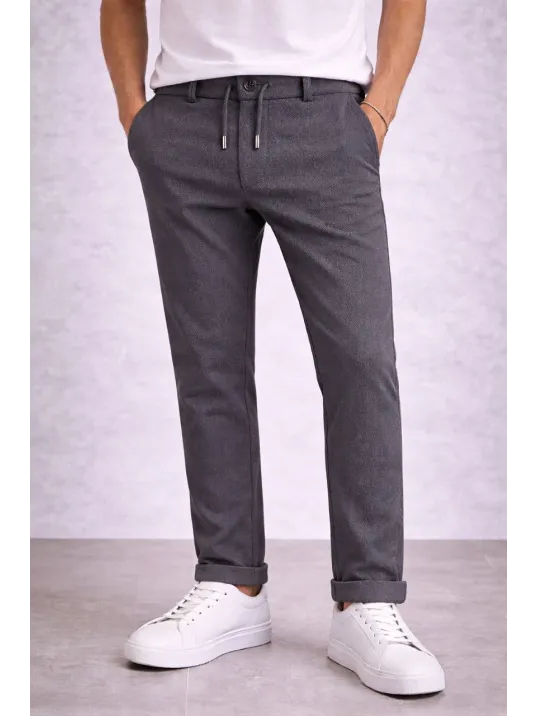 Erkek Diagonel Mikro Dokulu Duble Paça Cepli Pantolon Bağcıklı Bel, Modern Kesim - Füme