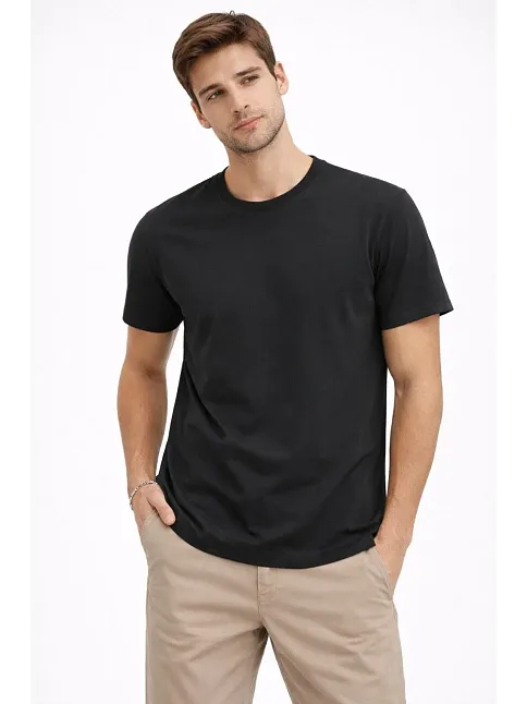 Erkek Bisiklet Yaka Tişört Regular Kalıp Basic Pamuklu Günlük Kullanım T-shirt - Siyah