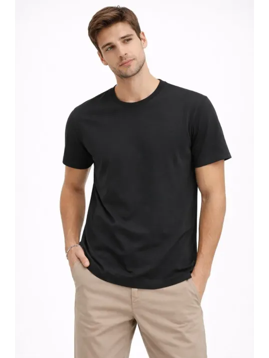 Erkek Bisiklet Yaka Tişört Regular Kalıp Basic Pamuklu Günlük Kullanım T-shirt - Siyah