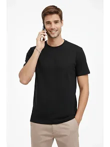 Erkek Bisiklet Yaka Tişört Regular Kalıp Basic Pamuklu Günlük Kullanım T-shirt - Siyah