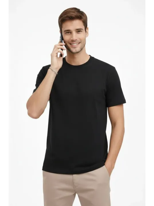 Erkek Bisiklet Yaka Tişört Regular Kalıp Basic Pamuklu Günlük Kullanım T-shirt - Siyah