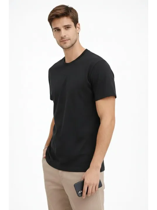 Erkek Bisiklet Yaka Tişört Regular Kalıp Basic Pamuklu Günlük Kullanım T-shirt - Siyah