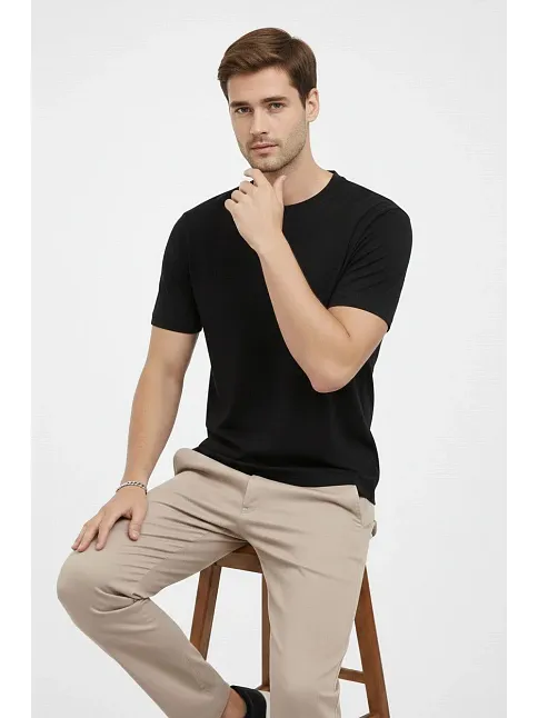 Erkek Bisiklet Yaka Tişört Regular Kalıp Basic Pamuklu Günlük Kullanım T-shirt - Siyah