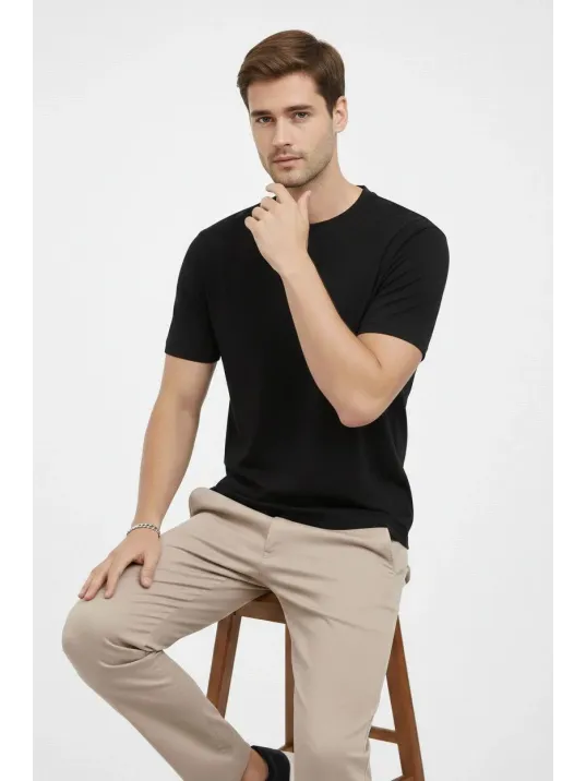 Erkek Bisiklet Yaka Tişört Regular Kalıp Basic Pamuklu Günlük Kullanım T-shirt - Siyah