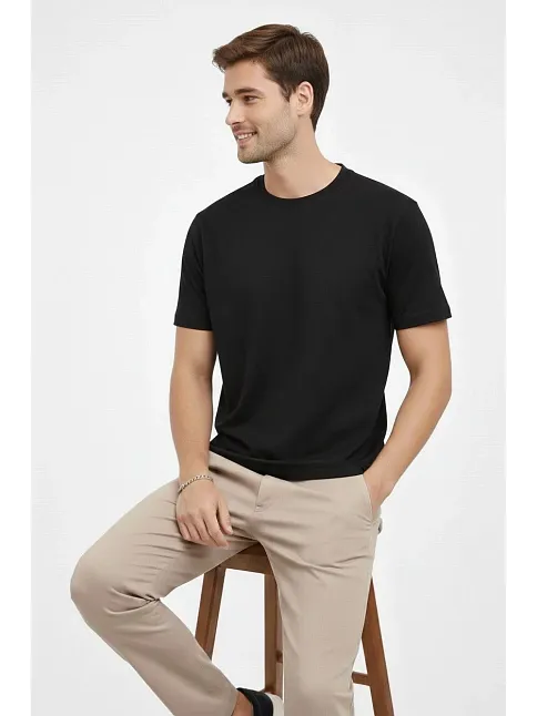 Erkek Bisiklet Yaka Tişört Regular Kalıp Basic Pamuklu Günlük Kullanım T-shirt - Siyah