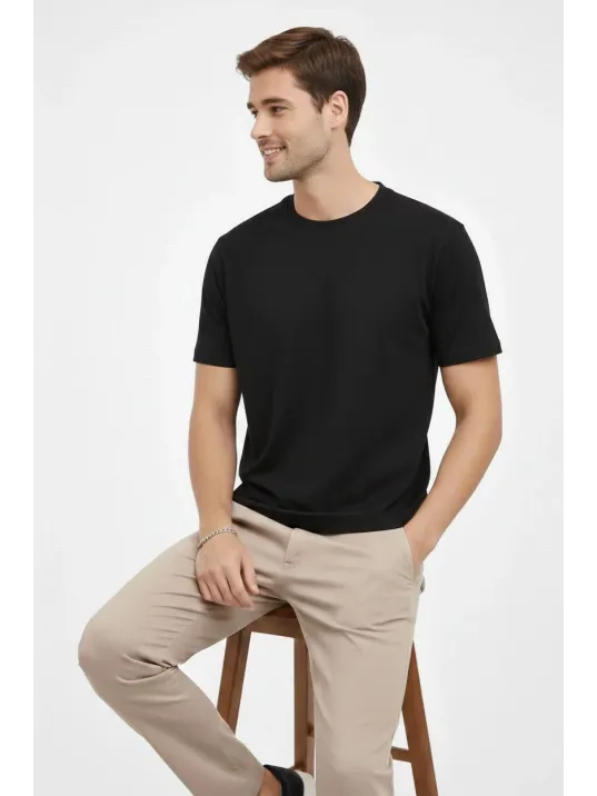 Erkek Bisiklet Yaka Tişört Regular Kalıp Basic Pamuklu Günlük Kullanım T-shirt - Siyah