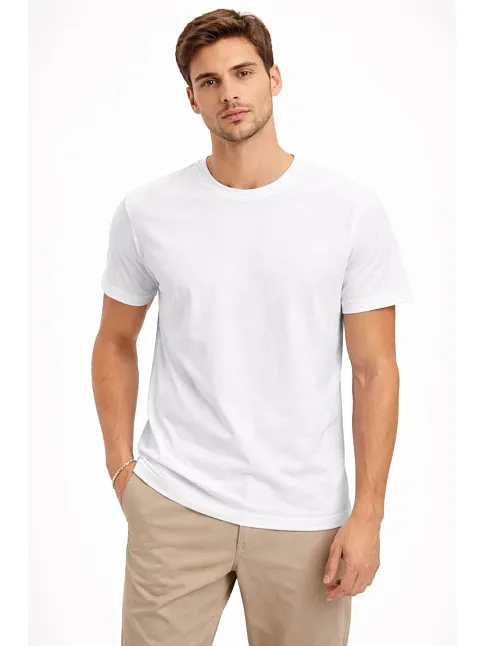Erkek Bisiklet Yaka Tişört Regular Kalıp Basic Pamuklu Günlük Kullanım T-shirt - Beyaz