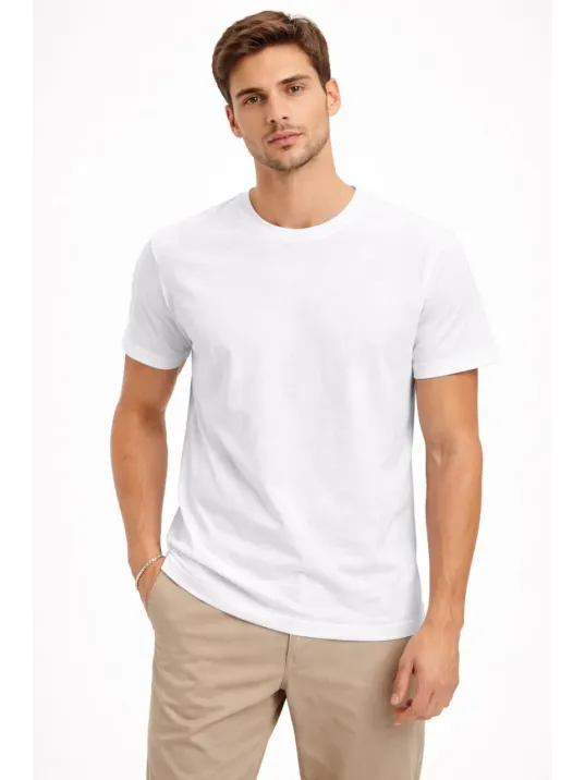 Erkek Bisiklet Yaka Tişört Regular Kalıp Basic Pamuklu Günlük Kullanım T-shirt - Beyaz