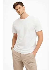 Erkek Bisiklet Yaka Tişört Regular Kalıp Basic Pamuklu Günlük Kullanım T-shirt - Beyaz