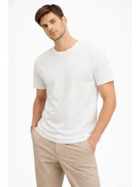 Erkek Bisiklet Yaka Tişört Regular Kalıp Basic Pamuklu Günlük Kullanım T-shirt - Beyaz