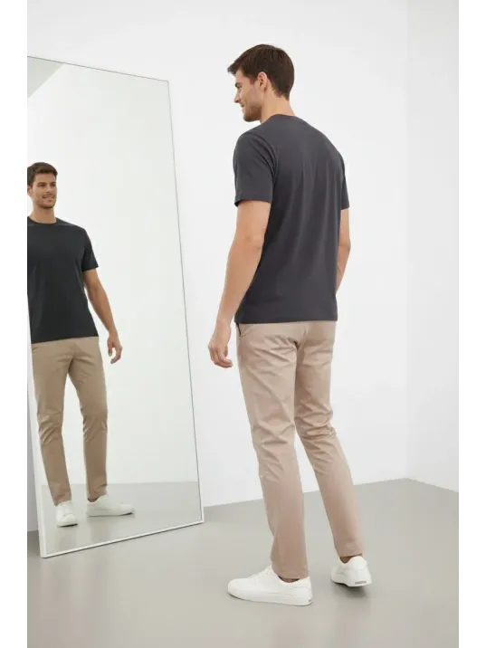 Erkek Bisiklet Yaka Tişört Regular Kalıp Basic Pamuklu Günlük Kullanım T-shirt - Füme