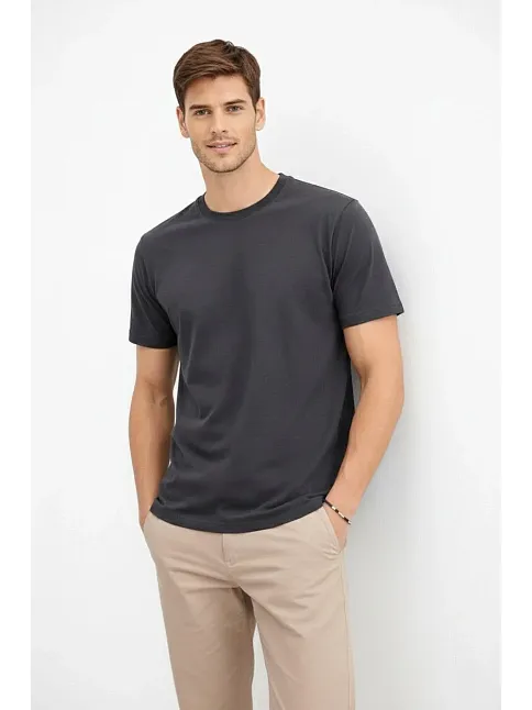 Erkek Bisiklet Yaka Tişört Regular Kalıp Basic Pamuklu Günlük Kullanım T-shirt - Füme