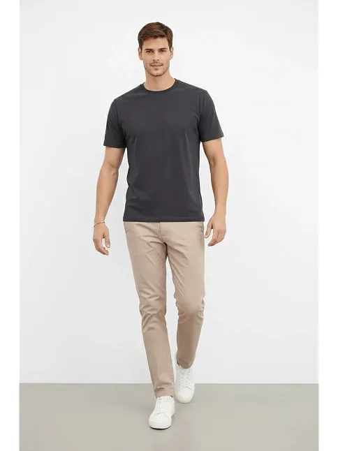Erkek Bisiklet Yaka Tişört Regular Kalıp Basic Pamuklu Günlük Kullanım T-shirt - Füme