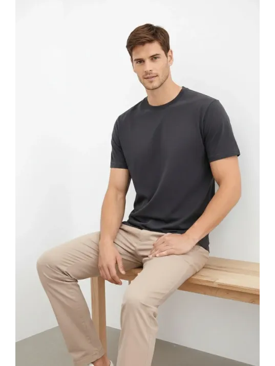 Erkek Bisiklet Yaka Tişört Regular Kalıp Basic Pamuklu Günlük Kullanım T-shirt - Füme