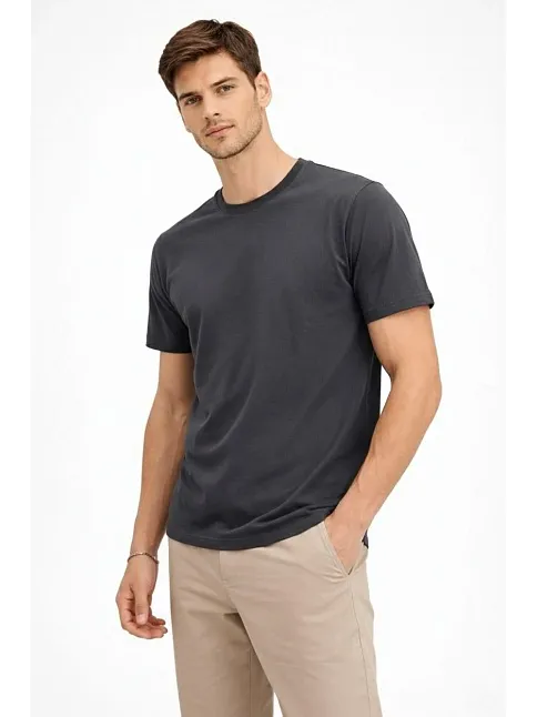 Erkek Bisiklet Yaka Tişört Regular Kalıp Basic Pamuklu Günlük Kullanım T-shirt - Füme