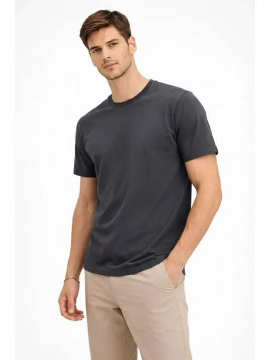 Erkek Bisiklet Yaka Tişört Regular Kalıp Basic Pamuklu Günlük Kullanım T-shirt - Füme