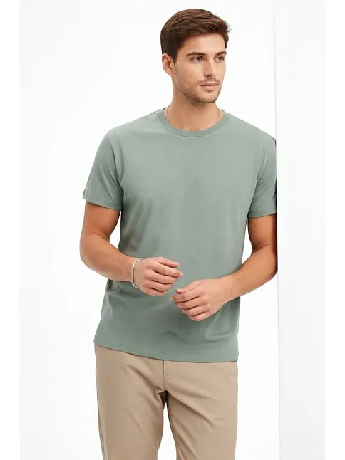 Erkek Bisiklet Yaka Tişört Regular Kalıp Basic Pamuklu Günlük Kullanım T-shirt - Mint Yeşili