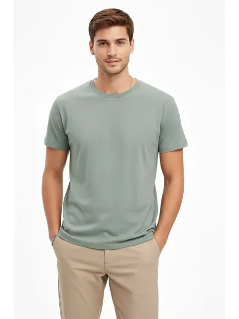 Erkek Bisiklet Yaka Tişört Regular Kalıp Basic Pamuklu Günlük Kullanım T-shirt - Mint Yeşili
