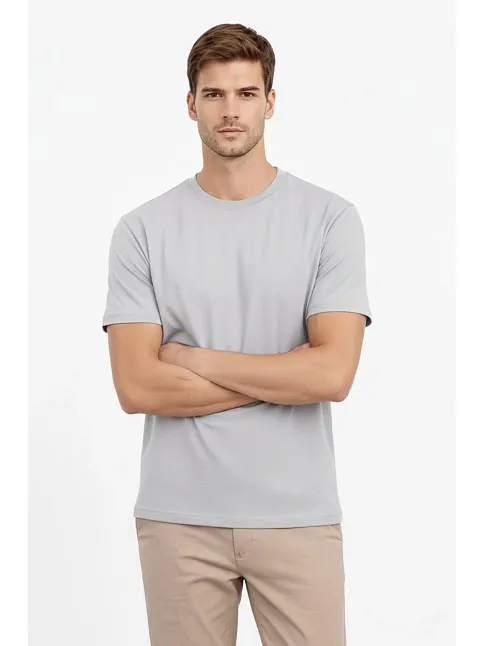 Erkek Bisiklet Yaka Tişört Regular Kalıp Basic Pamuklu Günlük Kullanım T-shirt - Gri