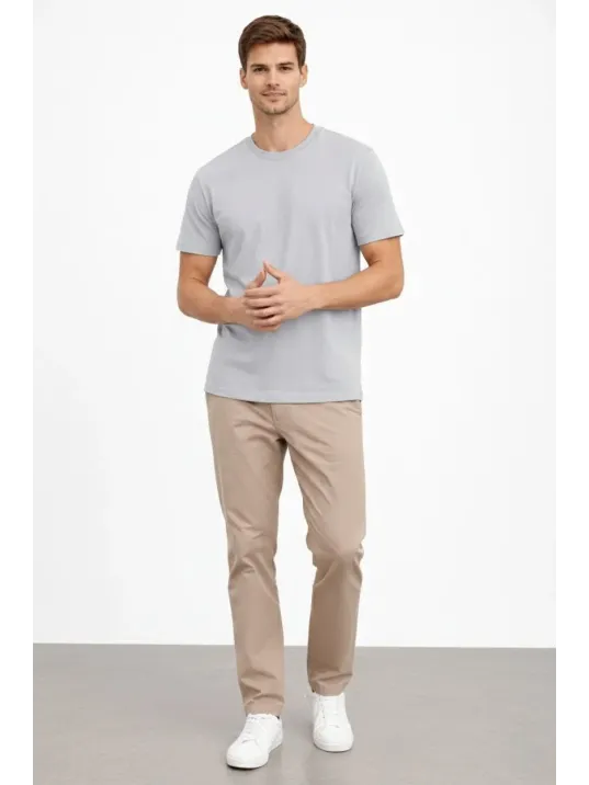 Erkek Bisiklet Yaka Tişört Regular Kalıp Basic Pamuklu Günlük Kullanım T-shirt - Gri