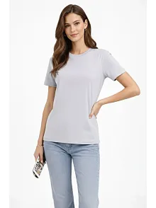 Kadın Bisiklet Yaka Tişört  Regular Kalıp Basic Pamuklu  Günlük Kullanım  T-shirt - Gri