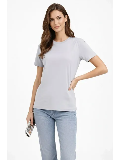 Kadın Bisiklet Yaka Tişört  Regular Kalıp Basic Pamuklu  Günlük Kullanım  T-shirt - Gri