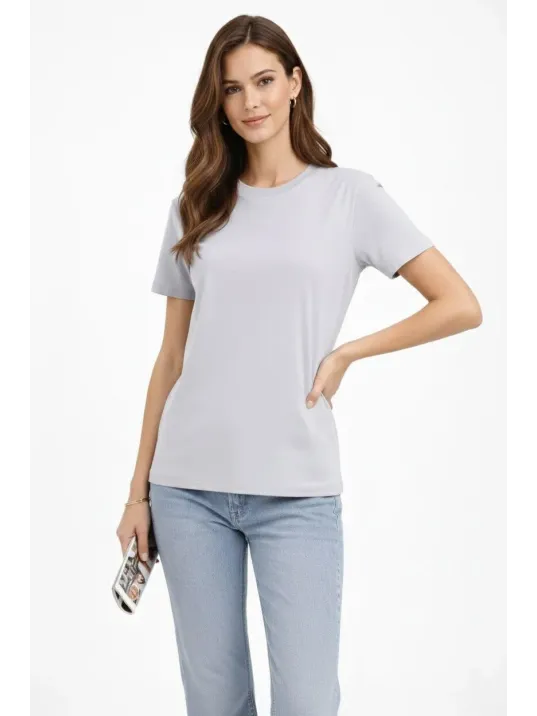 Kadın Bisiklet Yaka Tişört Regular Kalıp Basic Pamuklu Günlük Kullanım T-shirt - Gri Kadın Bisiklet Yaka Tişört Regular Kalıp Basic Pamuklu Günlük Kullanım T-shirt - Gri